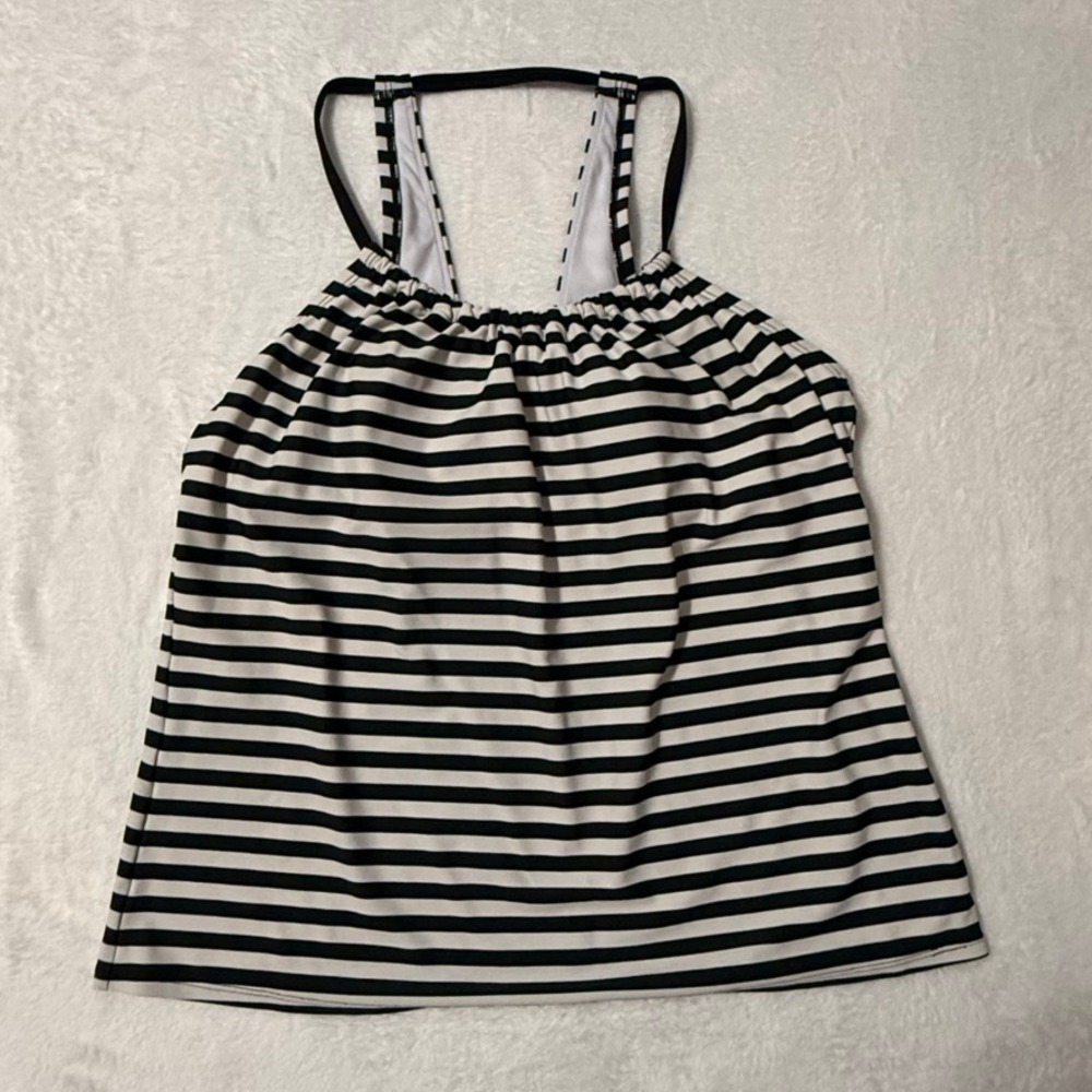Kona Sol Tankini Top Women Medium Black White Striped Blouson Strappy Back Beach